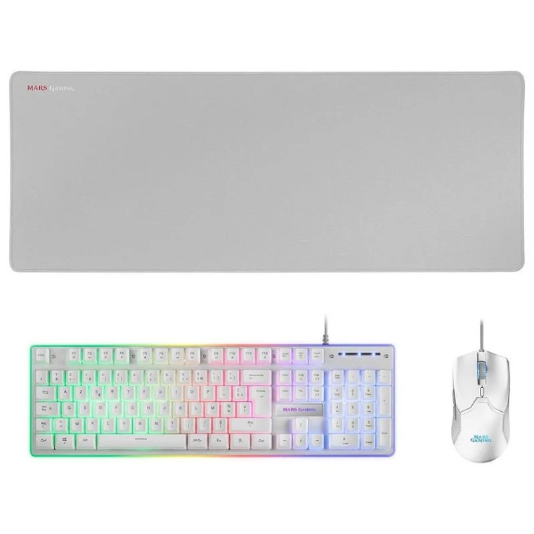 Mars Gaming MCPX Combo Gaming Teclado Francés + Ratón + Alfombrilla XXL Blancos