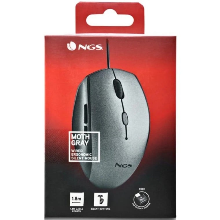 NGS Moth Gray Ratón con Adaptador USB-C 1600 DCPI Gris