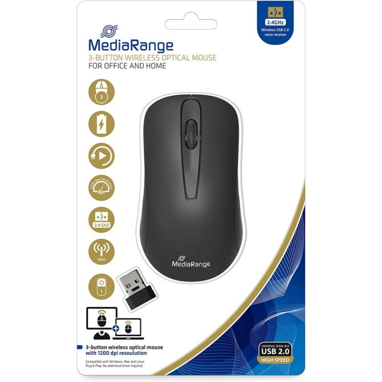 Mediarange MROS209 Ratón Óptico Inalámbrico 1200 DPI Negro