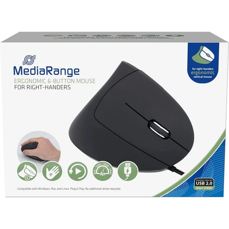 Mediarange MROS230 Ratón Óptico USB 2400 DPI Negro