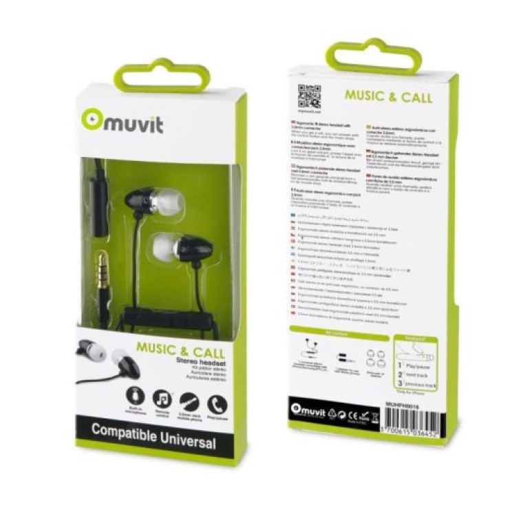 Muvit Auriculares Estéreo con Micrófono + Adaptador 3.5mm Negro