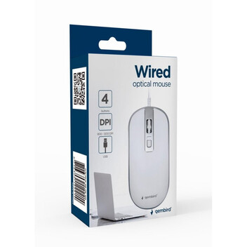 Ratón Gembird con cable 1200 DPI 4 botones ambidiestro USB plata/blanco