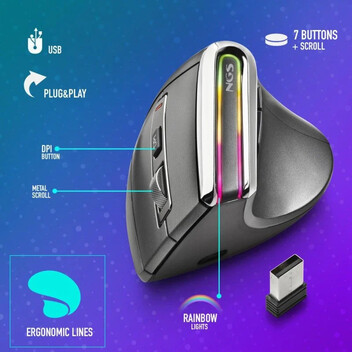 NGS Evo Karma Ratón Vertical Ergonómico Inalámbrico con Luces LED y Conexión Multimodo 3200 DPI NGS Evo Karma Ratón Vertical Ergonómico Inalámbrico con Luces LED y Conexión Multimodo 3200 DPI