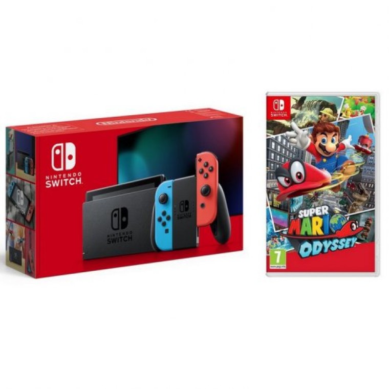 Nintendo Switch Azul Neón/Rojo Neón V2 + Super Mario Odyssey