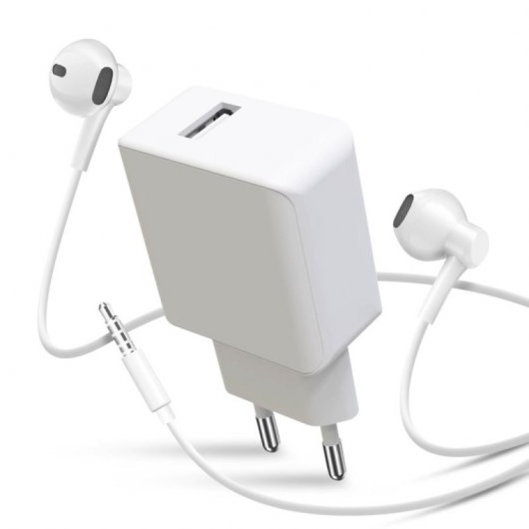 Avizar Pack Cargador USB 2.1a 10W y Auriculares 3.5mm Blanco