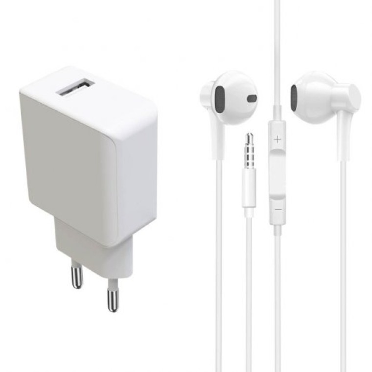 Avizar Pack Cargador USB 2.1a 10W y Auriculares 3.5mm Blanco