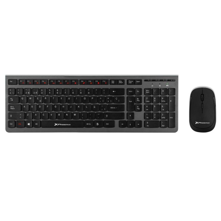 Phoenix Combo Teclado Multimedia Ultra Slim + Ratón Inalámbricos 1000DPI Negro