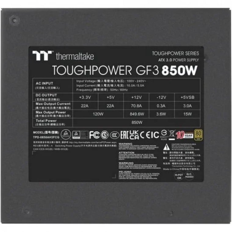 Thermaltake Toughpower GF 3 850W PCIe Gen 5.0 80 Plus Gold Full Modular