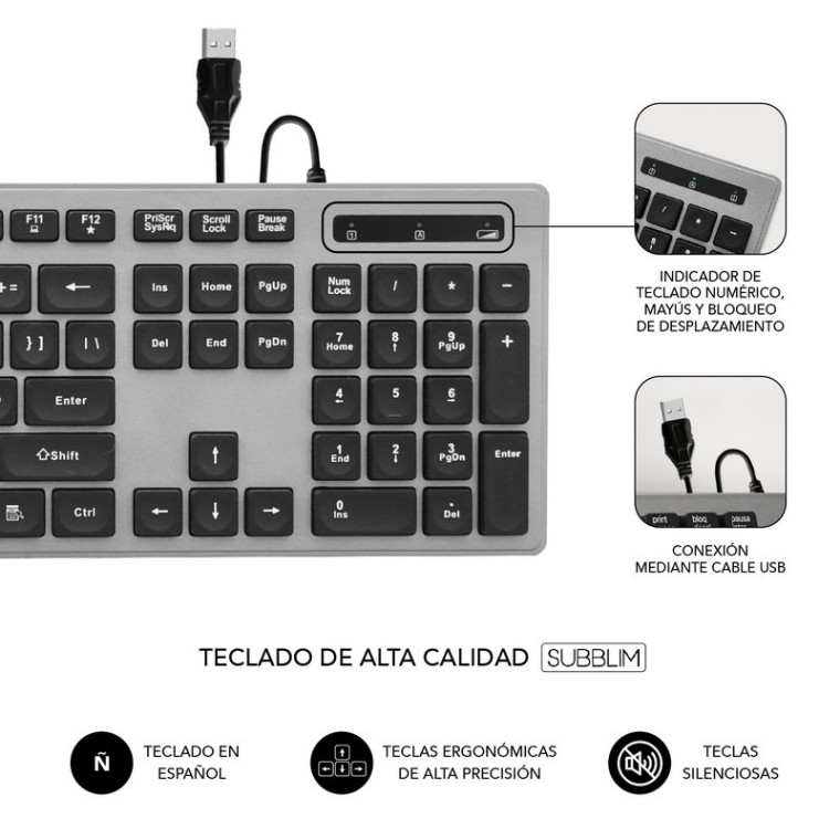 Subblim Ergo Silent Flat Teclado USB Negro/Gris