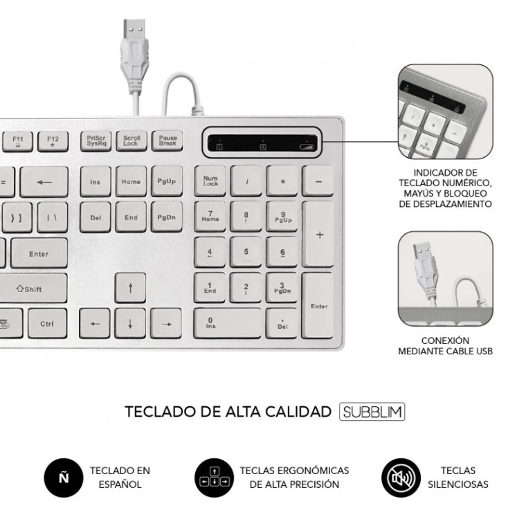 Subblim Ergo Silent Flat Teclado USB Blanco/Plata