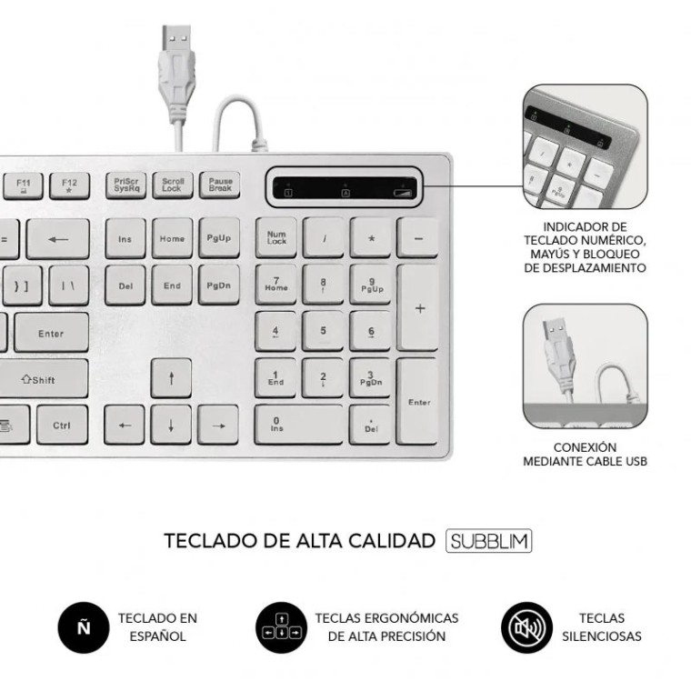 Subblim Ergo Combo Teclado + Ratón USB Plata/Blanco