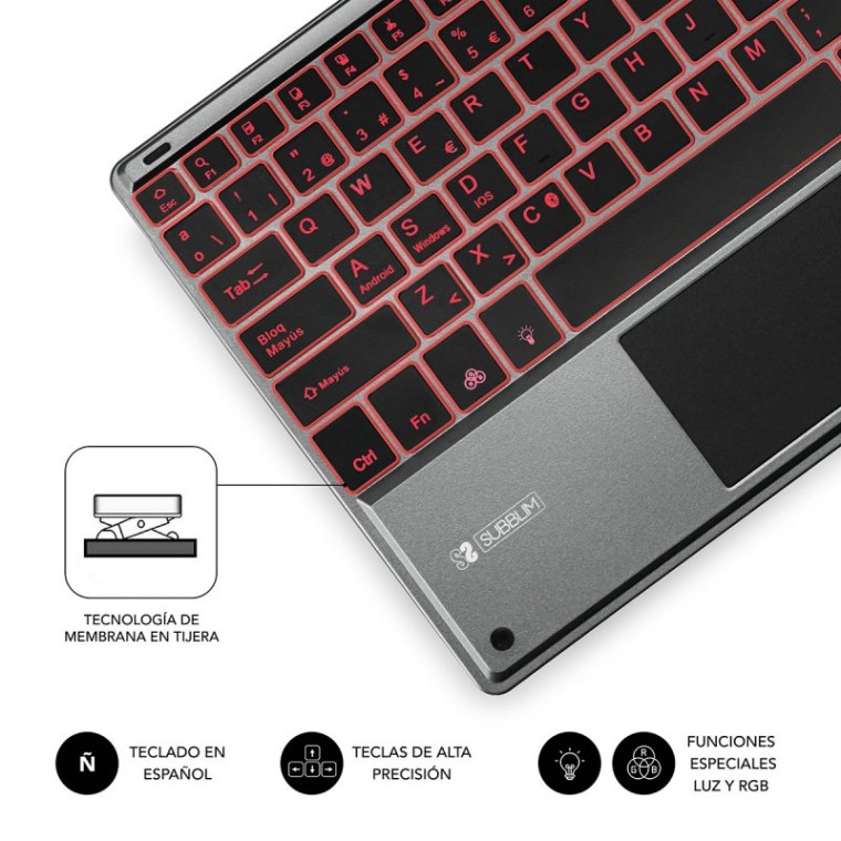 Subblim Smart Backlit Teclado Bluetooth con Touchpad Gris