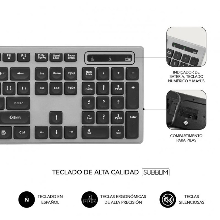 Subblim Ergo Combo Teclado + Ratón Inalámbrico Gris/Negro