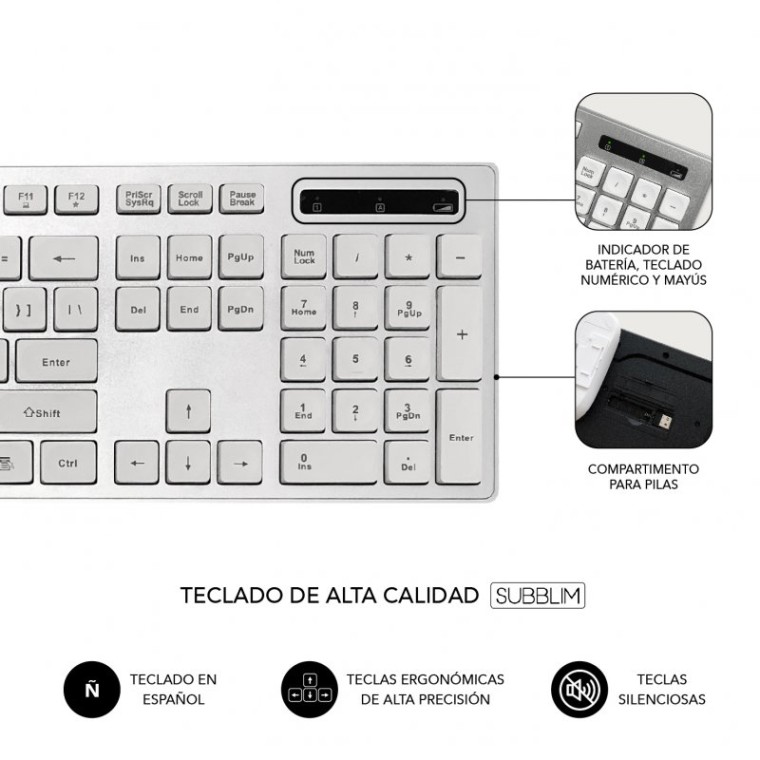 Subblim Ergo Combo Teclado + Ratón Inalámbrico Plata/Blanco