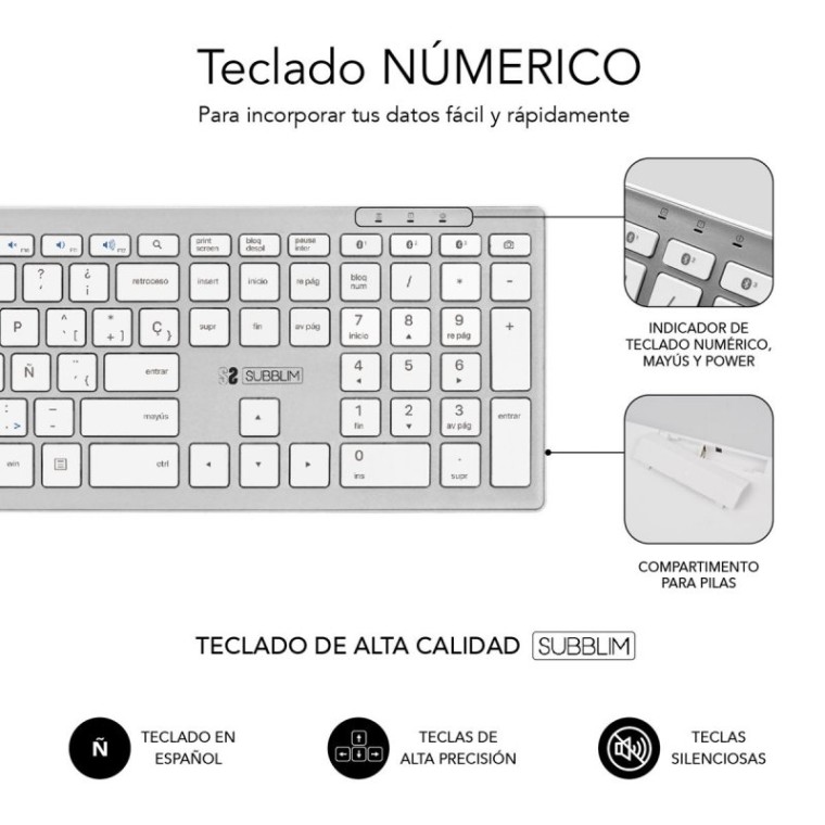 Subblim Pure Extended Teclado Inalámbrico Bluetooth Plata