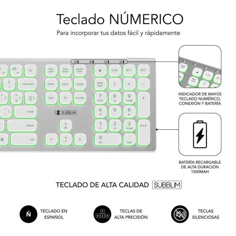 Subblim Master Teclado Inalámbrico Multidispositivo Retroiluminado Plata/Blanco