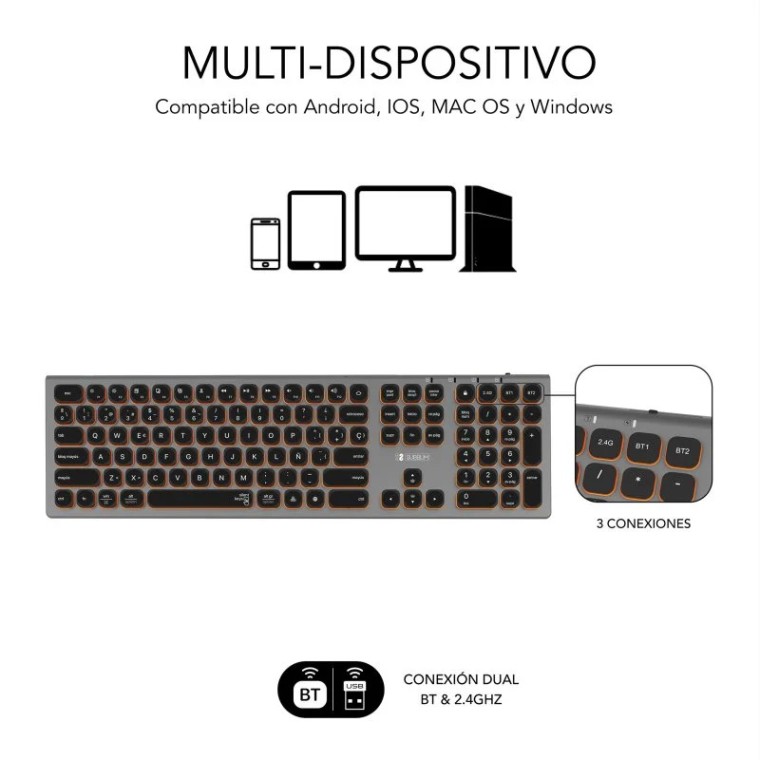 Subblim Master Teclado Inalámbrico Multidispositivo Retroiluminado Gris/Negro