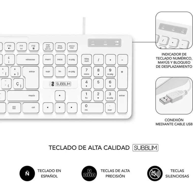 Subblim Combo Business Slim Teclado + Ratón USB Silencioso Blanco