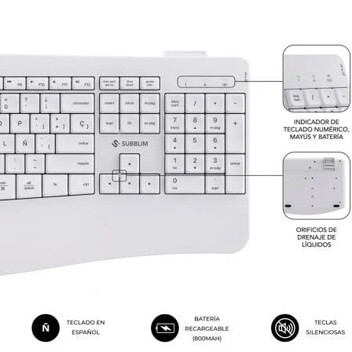 Teclado de membrana SUBBLIM Combo Dual Office Prowave Layout ES inalámbrico Bluetooth y USB blanco