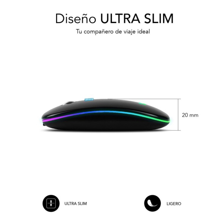 Subblim LED Dual Flat Mouse Ratón Óptico Inalámbrico RGB 1600DPI Negro