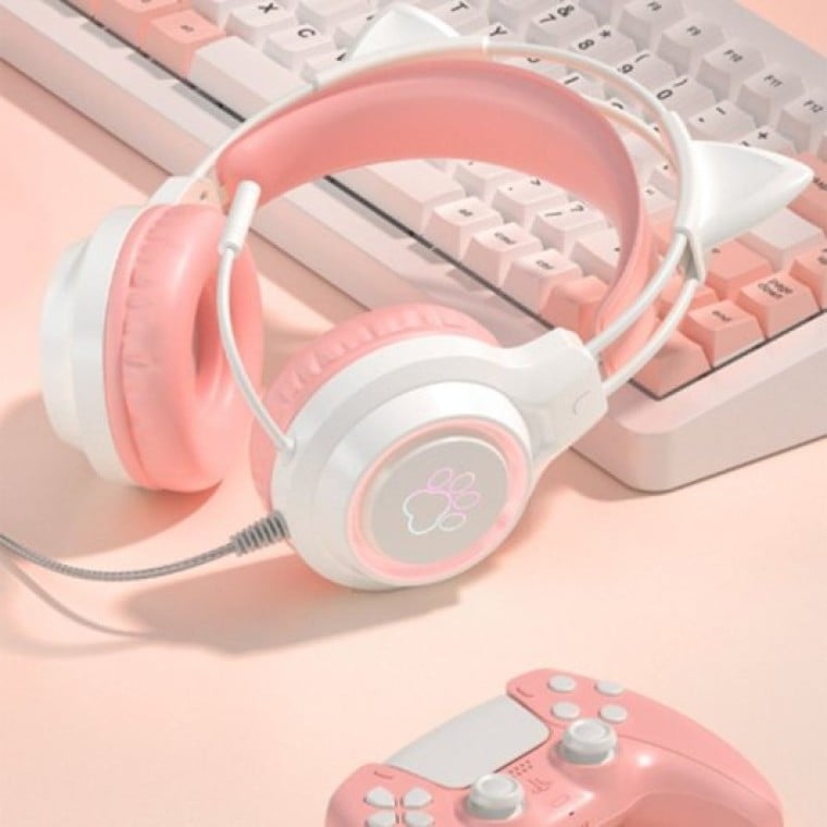 Kinsi SY-G35 Auriculares Gaming RGB con Orejas Rosa