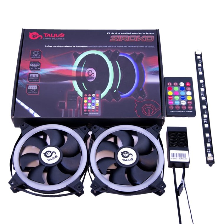 Talius Siroko Kit 2 Ventiladores 120mm Doble Aro RGB + Tira LED + Control Remoto