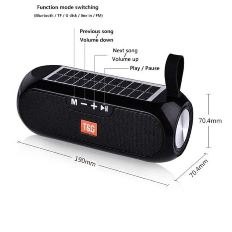 Klack TG-182 Altavoz Bluetooth Estéreo con Carga Solar Resistente al Agua AUX/Radio FM Negro