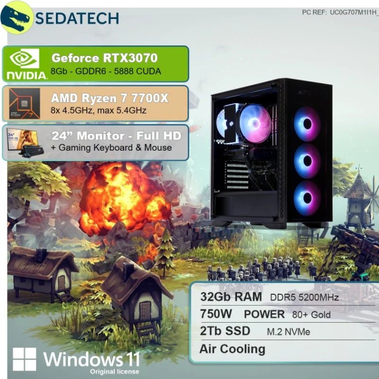 Sedatech Pack PC Pro Gaming AMD Ryzen 7 7700X/32GB/2TB SSD/RTX 3070 + Monitor 23.6" FullHD