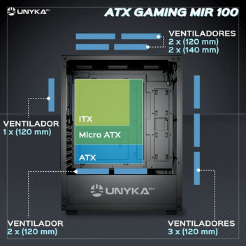 Torre PC UNYkach Mir 100 Caja ATX Gaming Cristal Templado Lateral y 4 Ventiladores ARGB Negra
