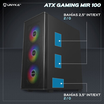 Torre PC UNYkach Mir 100 Caja ATX Gaming Cristal Templado Lateral y 4 Ventiladores ARGB Negra