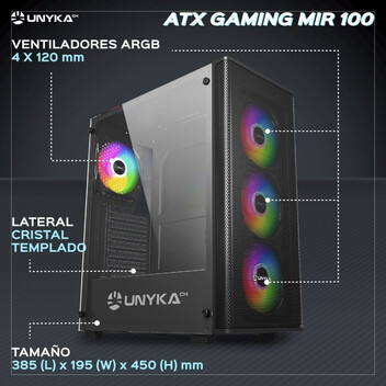 Torre PC UNYkach Mir 100 Caja ATX Gaming Cristal Templado Lateral y 4 Ventiladores ARGB Negra